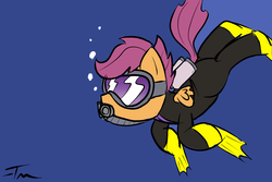 Size: 1080x720 | Tagged: safe, artist:tanmansmantan, scootaloo, pegasus, pony, g4, blue background, female, flippers, scuba gear, simple background, solo, swimming, underwater