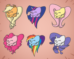 Size: 1280x1016 | Tagged: safe, artist:switchy, applejack, fluttershy, pinkie pie, rainbow dash, rarity, twilight sparkle, pony, g4, applejack's hat, cowboy hat, cute, female, hat, heart, heart pony, mane six, simple background