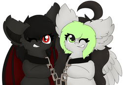 Size: 1280x888 | Tagged: safe, artist:pegamutt, oc, oc only, oc:bree jetpaw, oc:qetesh, bat pony, pegasus, pony, chains, collar, fangs, wink