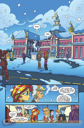 Size: 900x1366 | Tagged: safe, idw, amber ocre, applejack, chocolate mulberry, crimson kicks, golden garland, henri markable, michael j. fuchsia, niceberg, sunset shimmer, sweet leaf, equestria girls, g4, spoiler:comic, spoiler:comicholiday2014, background human, canterlot high, idw advertisement, preview, unnamed character, unnamed human