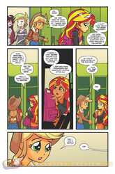 Size: 900x1366 | Tagged: safe, idw, applejack, cherry crash, sunset shimmer, velvet sky, equestria girls, g4, spoiler:comic, spoiler:comicholiday2014, background human, idw advertisement, preview
