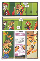 Size: 900x1366 | Tagged: safe, artist:tonyfleecs, idw, applejack, cloudy kicks, drama letter, golden hazel, sunset shimmer, watermelody, equestria girls, g4, spoiler:comic, spoiler:comicholiday2014, background human, cellphone, hug, idw advertisement, phone, preview, texting