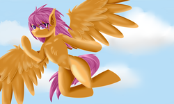 Size: 5000x3000 | Tagged: safe, artist:rengam, scootaloo, semi-anthro, g4, anatomically incorrect, female, incorrect leg anatomy, sky, solo