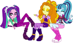 Size: 5181x3078 | Tagged: safe, artist:givralix, adagio dazzle, aria blaze, sonata dusk, equestria girls, g4, my little pony equestria girls: rainbow rocks, amulet, boots, clothes, eyes closed, group, happy, high heel boots, high res, necklace, simple background, sitting, skirt, smiling, spikes, svg, the dazzlings, transparent background, trio, vector, waving