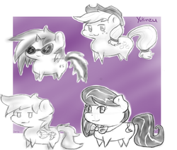 Size: 1200x1020 | Tagged: safe, artist:yukinzu, applejack, dj pon-3, octavia melody, rainbow dash, vinyl scratch, g4, chibi, sketch