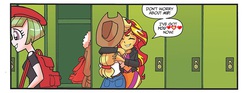 Size: 867x323 | Tagged: safe, artist:tony fleecs, edit, idw, official comic, applejack, drama letter, sunset shimmer, watermelody, equestria girls, g4, spoiler:comic, spoiler:comicholiday2014, background human, cropped, female, heart, hug, lesbian, preview, ship:appleshimmer, shipping