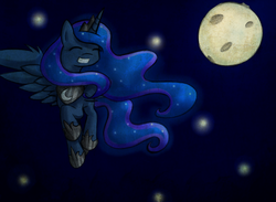 Size: 4508x3300 | Tagged: safe, artist:avialexis25, princess luna, g4, eyes closed, female, flying, full moon, grin, moon, night, smiling, solo, stars
