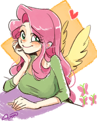 Size: 450x562 | Tagged: safe, artist:bartolomeus_, fluttershy, human, g4, abstract background, breasts, busty fluttershy, cute, cutie mark, eye clipping through hair, female, fluttershy's cutie mark, hand on cheek, heart, humanized, looking at you, shyabetes, smiling, solo, weapons-grade cute, winged humanization