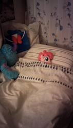 Size: 439x772 | Tagged: safe, pinkie pie, g4, bed, irl, photo, plushie, room, sleeping, solo