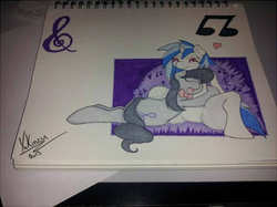 Size: 450x337 | Tagged: safe, artist:yukinzu, dj pon-3, octavia melody, vinyl scratch, g4, female, lesbian, ship:scratchtavia, shipping, traditional art