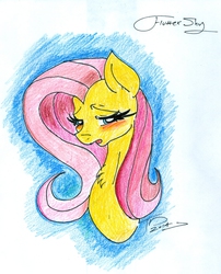 Size: 1538x1908 | Tagged: safe, artist:digitaldomain123, fluttershy, g4, blushing, bust, colored, female, solo, traditional art