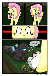 Size: 2025x3067 | Tagged: safe, artist:maerafey, fluttershy, changeling, comic:a little kindness, g4, comic, high res, injured, medkit