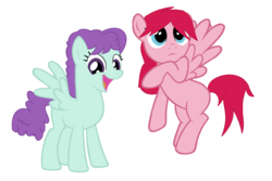 Size: 1724x1152 | Tagged: safe, artist:berrypunchrules, blueberry pie, raspberry fluff, pegasus, pony, equestria girls, g4, background human, duo, duo female, equestria girls ponified, female, ponified