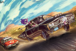 Size: 1270x856 | Tagged: safe, artist:jowyb, rarity, twilight sparkle, oc, oc:sketchy, anthro, g4, car, car chase, clothes, driving, ford, ford crown victoria, gun, handgun, jacket, leather, leather jacket, lincoln (car), lincoln continental, pistol, plushie, police car, shooting, twilight sparkle (alicorn), weapon