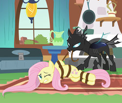 Size: 1900x1600 | Tagged: safe, artist:radiantrealm, fluttershy, changeling, pegasus, pony, g4, bondage, captured, damsel in distress, female, fluttershy's cottage, mare, show accurate, tied up