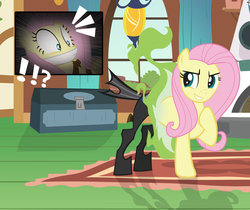 Size: 1024x862 | Tagged: safe, artist:radiantrealm, fluttershy, changeling, g4, bondage, captured, cloth gag, damsel in distress, fluttershy's cottage, gag, locked away, replaced, show accurate, storage, tied up