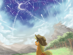 Size: 2000x1500 | Tagged: safe, artist:doomsp0rk, applejack, earth pony, pony, g4, crying, female, looking up, mare, nightfall in equestria, runes, sky, solo, vertigo