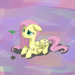 Size: 2048x2048 | Tagged: safe, artist:chaosmalefic, fluttershy, hummingbird, g4, female, floppy ears, high res, prone, solo