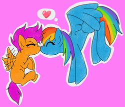 Size: 728x626 | Tagged: safe, artist:shinysylveon, rainbow dash, scootaloo, pegasus, pony, blushing, boop, cute, duo, eyes closed, female, filly, heart, mare, noseboop, nuzzling, scootaloo can fly, scootalove