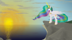 Size: 1191x670 | Tagged: safe, artist:bairne, princess celestia, g4, cliff, female, magic, ocean, solo, sunset