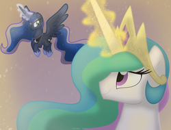 Size: 1060x804 | Tagged: safe, artist:faith-wolff, princess celestia, princess luna, alicorn, pony, fanfic:the bridge, g4, crown, duo, ethereal mane, female, jewelry, magic, magic aura, mare, regalia, royal sisters, sisters, starry mane