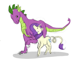 Size: 700x550 | Tagged: safe, artist:suzannepierzchala, rarity, spike, classical unicorn, pony, unicorn, g4, cloven hooves, curved horn, female, horn, leonine tail, male, older, older spike, quadrupedal spike, ship:sparity, shipping, simple background, sketch, straight, traditional art, white background