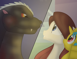 Size: 1087x828 | Tagged: safe, artist:faith-wolff, oc, oc:blade dancer, kaiju, pony, unicorn, fanfic:the bridge, crossover, fanfic art, female, godancer, godzilla, godzilla (series), godzilla junior, male, mare, split screen