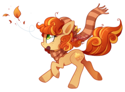 Size: 667x492 | Tagged: safe, artist:tsurime, oc, oc only, oc:autumn aria, earth pony, pony, bow, clothes, female, freckles, hat, leaf, mare, running, scarf, simple background, solo, transparent background