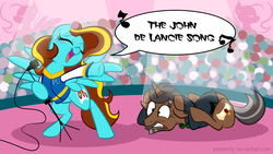 Size: 1280x720 | Tagged: safe, artist:stepandy, oc, oc only, oc:ilovekimpossiblealot, oc:professor lancie, pegasus, pony, bipedal, blushing, female, john de lancie, mare, microphone