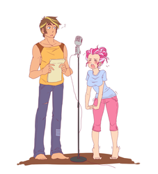 Size: 900x993 | Tagged: safe, artist:pikokko, oc, oc only, oc:cotton candy, oc:golden delicious, human, kilalaverse, barefoot, blushing, bun, cute, eyes closed, feet, freckles, height difference, humanized, microphone, offspring, open mouth, paper, parent:applejack, parent:caramel, parent:pinkie pie, parent:pokey pierce, parents:carajack, parents:pokeypie, question mark, shivering, simple background, singing, size difference, tiptoe, white background