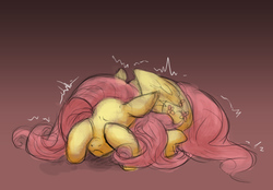 Size: 768x536 | Tagged: safe, artist:syberfab, fluttershy, g4, covering eyes, cowering, female, lying, scared, shivering, simple background, solo