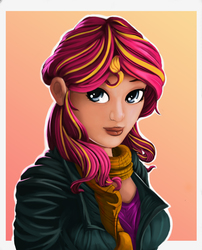 Size: 2730x3377 | Tagged: safe, artist:sceathlet, sunset shimmer, human, g4, clothes, female, high res, humanized, scarf, solo
