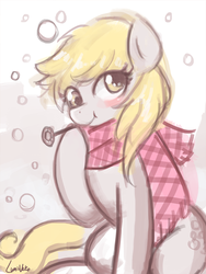 Size: 720x960 | Tagged: safe, artist:lumineko, derpy hooves, pegasus, pony, g4, 15 minute art challenge, 30 minute art challenge, blushing, bubble, clothes, female, mare, scarf, solo