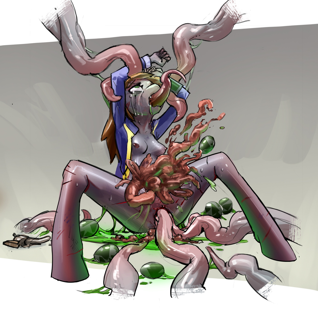 Tentacle My Little Pony Lesbian Porn - 764211 - explicit, grimdark, grotesque, artist:kimikun4, oc, oc only,  oc:littlepip, unicorn, anthro, fallout equestria, all the way through, ass,  bad end, blood, breasts, burst, butt, chest burst, clothes, death, egg, egg  inflation,