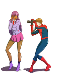Size: 3400x4668 | Tagged: safe, artist:aryoanggoro, twilight sparkle, human, g4, blazer, boots, camera, clothes, crossover, crossover shipping, dark skin, duo, female, high heels, humanized, male, marvel, miniskirt, necktie, peter parker, school uniform, schoolgirl, shirt, simple background, skirt, socks, spider-man, spiders and magic: rise of spider-mane, spidertwi, white background