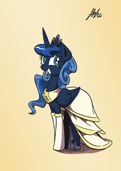 Size: 1280x1811 | Tagged: dead source, safe, artist:lovelyneckbeard, princess luna, g4, alternate hairstyle, clothes, dress, female, grin, smiling, solo