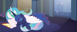 Size: 5858x2475 | Tagged: safe, artist:t-3000, princess celestia, princess luna, g4, book, eyes closed, prone, sleeping, wing blanket