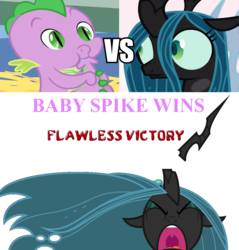 Size: 933x974 | Tagged: safe, queen chrysalis, spike, tumblr:ask fluffle puff, g4, baby spike, broken horn, fatality, flawless victory, horn, tail sucking, vs, wat