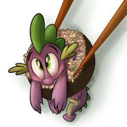 Size: 900x900 | Tagged: safe, artist:thedoggygal, spike, dragon, g4, baby, baby dragon, chopsticks, cute, dragon roll, food, green eyes, male, micro, ponies in food, ponies in sushi, pun, question mark, rice, signature, simple background, solo, spikabetes, sushi, transparent background, visual pun, wingless spike