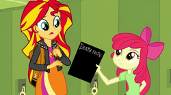 Size: 624x350 | Tagged: safe, apple bloom, sunset shimmer, equestria girls, g4, apple bloom's book, death note, exploitable meme, meme