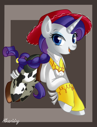 Size: 561x730 | Tagged: safe, artist:hikariviny, idw, rarity, g4, cowgirl, cowprint, crossover, female, jessie (toy story), solo, toy story