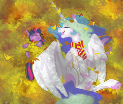 Size: 1280x1082 | Tagged: safe, artist:bri-sta, princess celestia, twilight sparkle, alicorn, pony, unicorn, g4, autumn, cute, cutelestia, eyes closed, female, filly, fluffy, hnnng, laughing, leaves, mare, momlestia, on back, open mouth, rolling, smiling, twiabetes, underhoof, unshorn fetlocks, younger