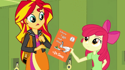 Size: 624x350 | Tagged: safe, apple bloom, sunset shimmer, equestria girls, g4, my little pony equestria girls: rainbow rocks, apple bloom's book, book, dr. seuss, egg (food), exploitable meme, food, fried egg, green eggs, green eggs and ham, green ham, guy-am-i, ham, meat, meme, the cat in the hat