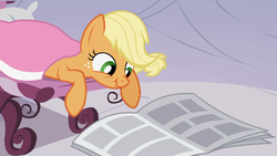 Size: 1920x1080 | Tagged: safe, screencap, applejack, earth pony, pony, g4, ponyville confidential, cute, female, foal free press, mare, newspaper, nose wrinkle, reading, scrunchy face, silly, silly pony, solo, spa