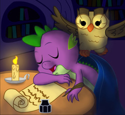 Size: 598x550 | Tagged: safe, artist:gimpcowking, owlowiscious, spike, g4, candle, ink, scroll, sleeping