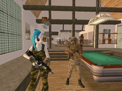 Size: 800x600 | Tagged: safe, dj pon-3, vinyl scratch, ghoul, human, unicorn, anthro, g4, 3d, camouflage, fallout: new vegas, female, gun, horn, kuroitsune, male, optical sight, pipboy, pool table, rifle, sniper rifle, weapon
