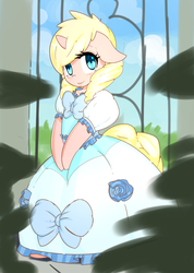 Size: 854x1200 | Tagged: safe, artist:acharmingpony, oc, oc only, semi-anthro, g4, clothes, cute, dress, ocbetes, puffy sleeves, solo