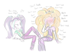 Size: 1049x795 | Tagged: safe, artist:jankrys00, adagio dazzle, aria blaze, equestria girls, g4, blushing, dialogue, duo, female, lesbian, ship:adaria, shipping