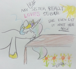 Size: 2717x2448 | Tagged: artist needed, safe, princess celestia, alicorn, pony, g4, cocaine, crayon drawing, drugs, eyes closed, female, flower, high res, intentional spelling error, mare, misspelling, ponified, snorting, solo, sun, traditional art, wat, wingless
