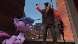 Size: 1024x576 | Tagged: safe, artist:lanceoliverfreidom, twilight sparkle, alicorn, pony, g4, 3d, crossover, female, mare, sniper, sniper (tf2), source filmmaker, team fortress 2, twilight sparkle (alicorn)